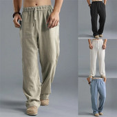 Pantaloni mari pentru bărbați, bumbac, in, pantaloni casual, pantaloni largi, cu picior largi, cu șireturi pentru confortul acasă, mărime mare, 5xl, moda bărbaților