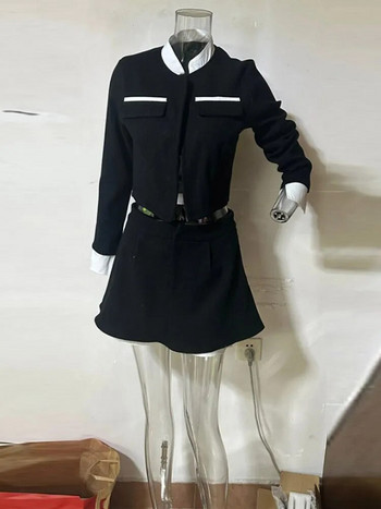 Комплект къси панталони от туид от две части Дамско елегантно яке с дълъг ръкав, едноредно закопчаване, пола с висока талия Къс костюм Дамско облекло