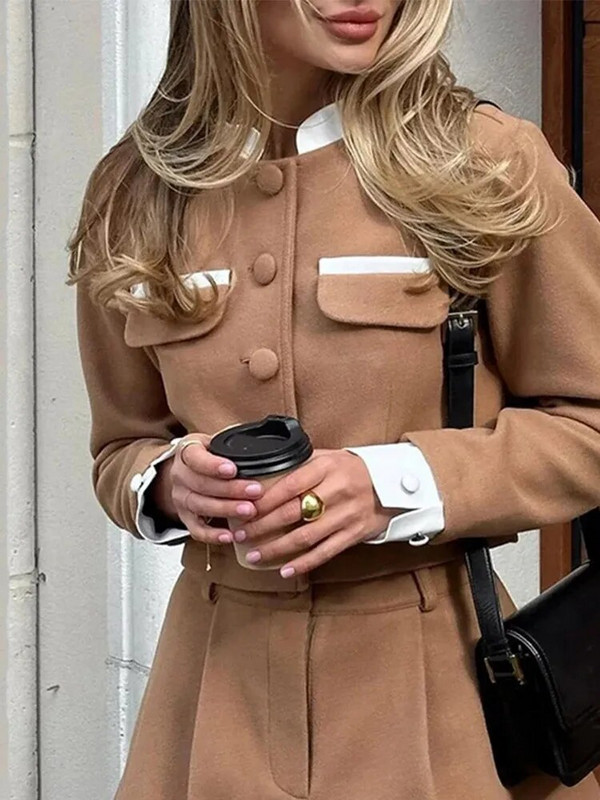 Dámske tvídové šortky s golierom a dlhým rukávom, dvojdielna súprava, elegantné sako s vysokým pásom, sukňa a krátky oblek