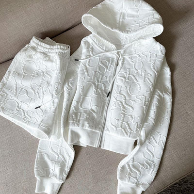 Seturi 2 piese Ținute pentru femei Moda de primăvară Jachetă scurtă și pantaloni scurți slăbit cu glugă tricotată Jacquard Îmbrăcăminte de designer de toamnă pentru femei