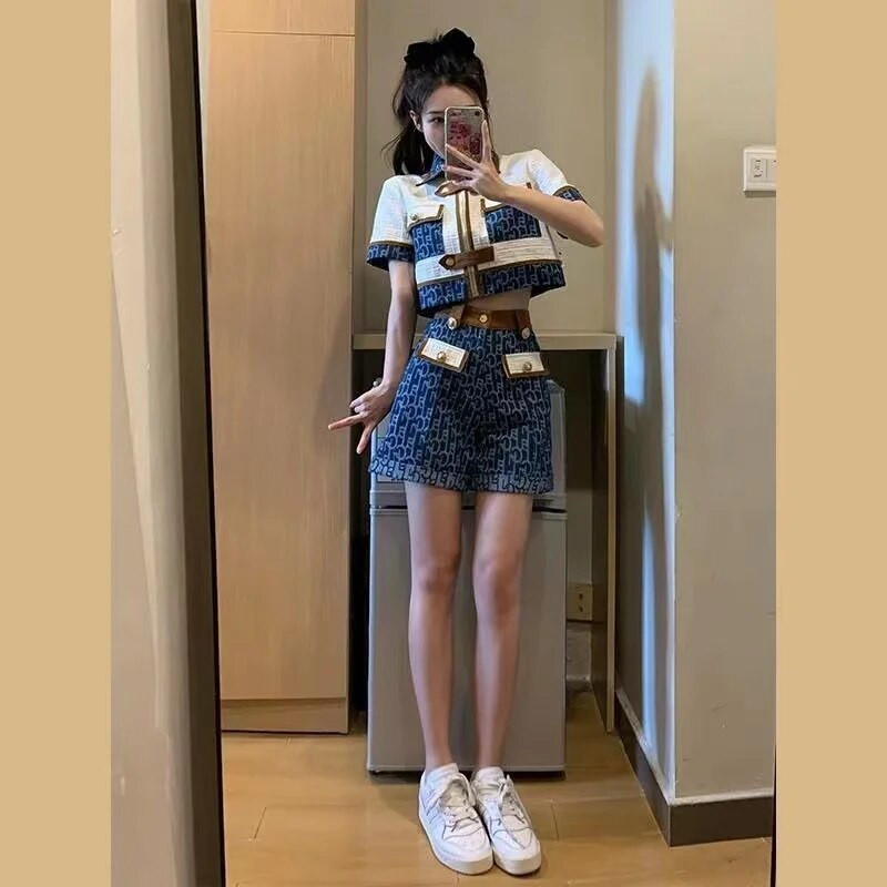 Costum scurt clasic, vintage, de înaltă calitate, pentru femei, 2023, vară, cu mânecă scurtă, cu fermoar, pantaloni scurți cu talie înaltă, set de două piese, îmbrăcăminte de stradă