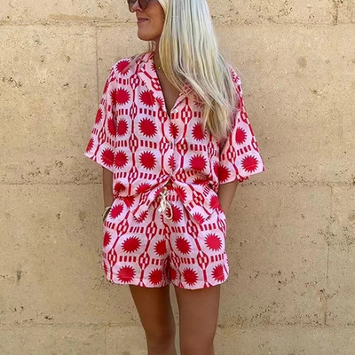 Dámske topy s krátkym rukávom a kvetinovou potlačou, 2 kusy, set, módne oblečenie, letné šaty, topy, košeľa s krátkym rukávom a elastický pás, šortky, oblek, 2023