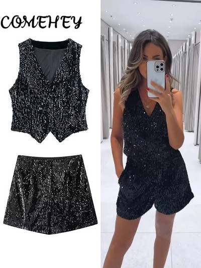 Sequin Vest Shorts Komplektid Naistele 2024 Uus kõrge vöökohaga varrukateta V-kaelusega kaetud nööbiga Elegantne Office Lady Fashion 2-osaline mantel