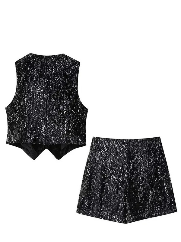 Dámske elegantné šortky s flitrovaným vzorom a šortkami bez rukávov, výstrih do V a potiahnuté gombíky s vysokým pásom, elegantný kabát z 2 kusov