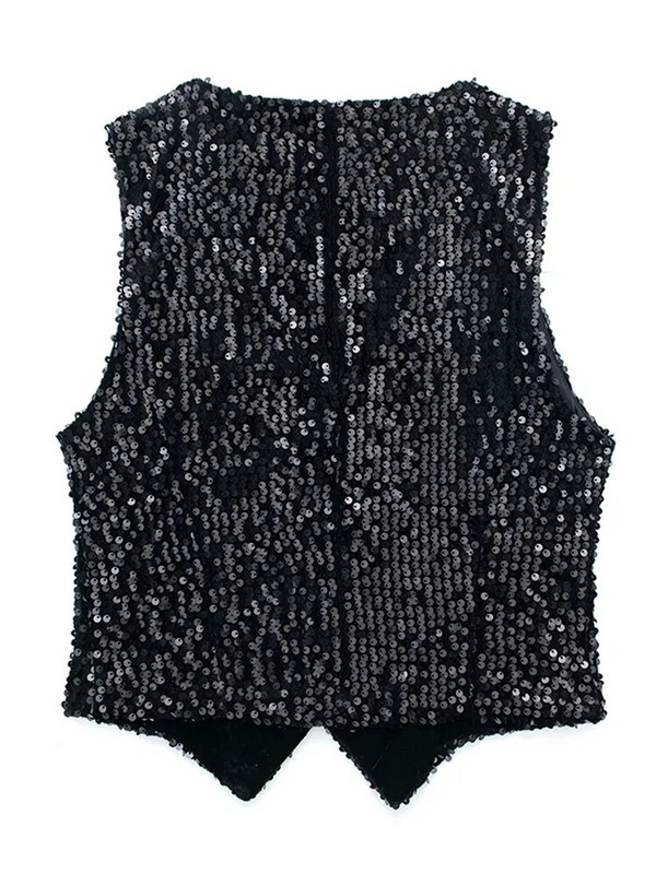 Dámske elegantné šortky s flitrovaným vzorom a šortkami bez rukávov, výstrih do V a potiahnuté gombíky s vysokým pásom, elegantný kabát z 2 kusov