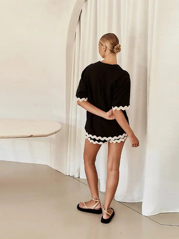 Модна риза с отложна яка Свободни шорти Комплекти от 2 части Дамски къси панталони с висока талия 2024 г. Едноредни топове Дамски улични тоалети