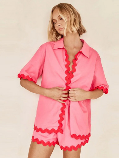 Madingi marškiniai su apykakle, laisvi šortai, 2 dalių komplektai, moteriški 2024 m. šortai su aukštu juosmeniu, vienkrūčiai, moteriški gatvės komplektai