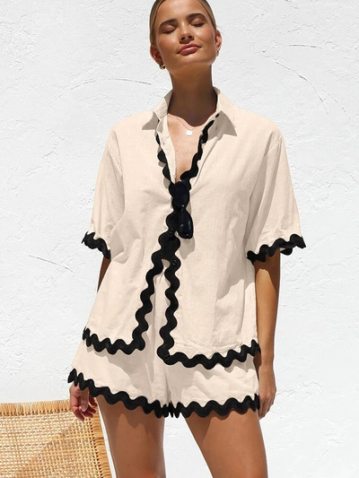 Madingi marškiniai su apykakle, laisvi šortai, 2 dalių komplektai, moteriški 2024 m. šortai su aukštu juosmeniu, vienkrūčiai, moteriški gatvės komplektai