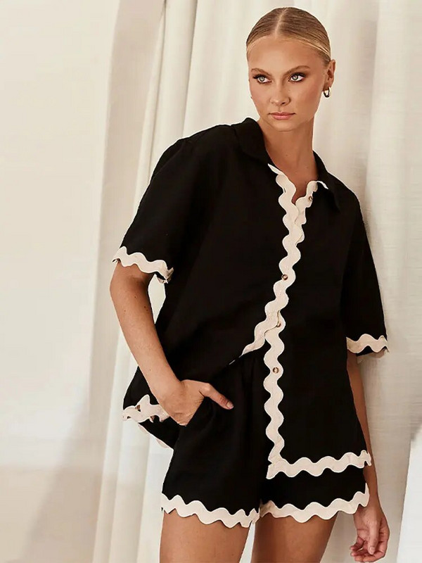 Madingi marškiniai su apykakle, laisvi šortai, 2 dalių komplektai, moteriški 2024 m. šortai su aukštu juosmeniu, vienkrūčiai, moteriški gatvės komplektai