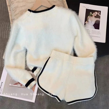 Къси комплекти 2024 г. Плетен комплект Дамски есенен нов ежедневен моден пуловер с букви Укорочени топове с широки крачоли Y2k Панталони