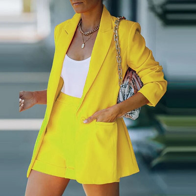 Set de costum pentru navetă ocazional pentru femei, toamnă și iarnă, elegant, subțire, cu mâneci lungi, imprimat cu rever, pantaloni scurți, seturi de modă