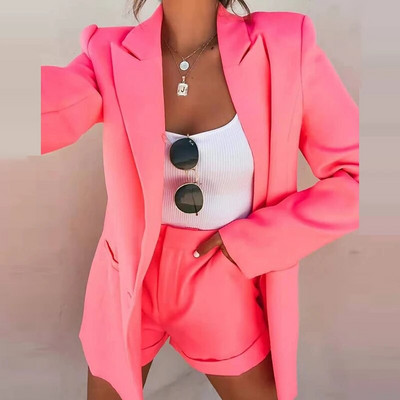 Set de costum pentru navetă ocazional pentru femei, toamnă și iarnă, elegant, subțire, cu mâneci lungi, imprimat cu rever, pantaloni scurți, seturi de modă