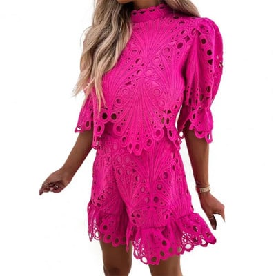 Moteriška apranga Vienspalvis Laciness Plačiamos rankovės Tuščiaviduriai šortai Apranga Elegantiški nėriniuoti marškinėliai Šortų komplektas Moteriški drabužiai