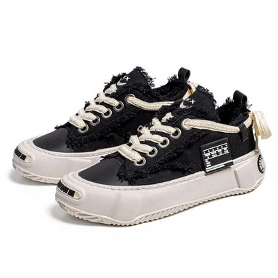 Pantofi de pânză pentru bărbați 2023, la modă, confortabili, moale, ocazional, pantofi cu șireturi, talpă groasă, pantofi vulcanizați de vară pentru femei, negru