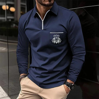 Мъжка поло тениска с цип Облекло за голф Тениска с дълъг ръкав и джоб с щампи Мъжки топ Ежедневна поло тениска Тенденции в мъжкото модно облекло