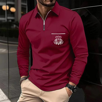 Pánske polo tričko so zipsom, golfové oblečenie, tričko s dlhým rukávom a vreckom, potlačené tričko, pánsky top, ležérne polo tričko, pánska móda, trendy v oblečení
