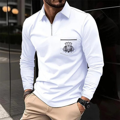 Pánske polo tričko so zipsom, golfové oblečenie, tričko s dlhým rukávom a vreckom, potlačené tričko, pánsky top, ležérne polo tričko, pánska móda, trendy v oblečení