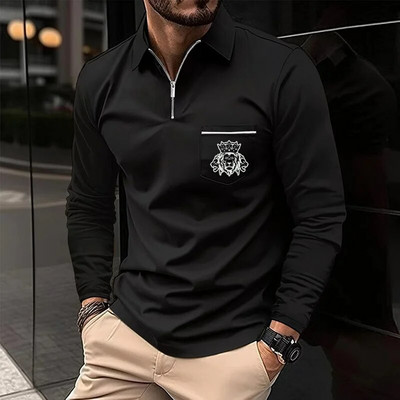 Pánske polo tričko so zipsom, golfové oblečenie, tričko s dlhým rukávom a vreckom, potlačené tričko, pánsky top, ležérne polo tričko, pánska móda, trendy v oblečení