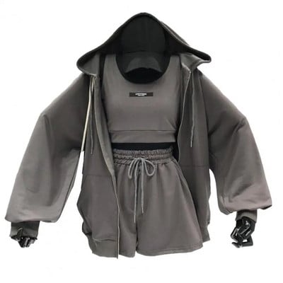 Trojdielne krátke súpravy pre ženy s kapucňou, letné jesenné sťahovacie šnúrky, tenký kabát, šortky s tenkým kabátom, vesta, športové oblečenie, streetwear