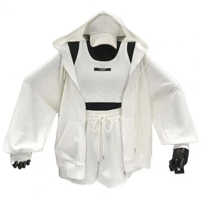 Trojdielne krátke súpravy pre ženy s kapucňou, letné jesenné sťahovacie šnúrky, tenký kabát, šortky s tenkým kabátom, vesta, športové oblečenie, streetwear