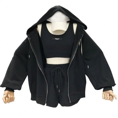 Trojdielne krátke súpravy pre ženy s kapucňou, letné jesenné sťahovacie šnúrky, tenký kabát, šortky s tenkým kabátom, vesta, športové oblečenie, streetwear