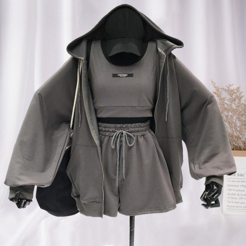 Trojdielne krátke súpravy pre ženy s kapucňou, letné jesenné sťahovacie šnúrky, tenký kabát, šortky s tenkým kabátom, vesta, športové oblečenie, streetwear