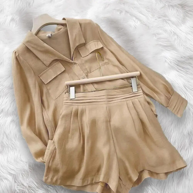 Pantaloni scurți de toamnă noi pentru femei, costume de vacanță, cu mâneci lanternă, bluze cu rever, pantaloni cu talie înaltă, seturi pentru jogging, ținute casual pentru doamne