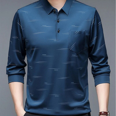 Tricou polo pentru bărbați cu mânecă lungă, imprimeu cu litere, tricouri de primăvară, toamnă, fund largi, ocazional, îmbrăcăminte de afaceri, topuri cu nasturi la modă