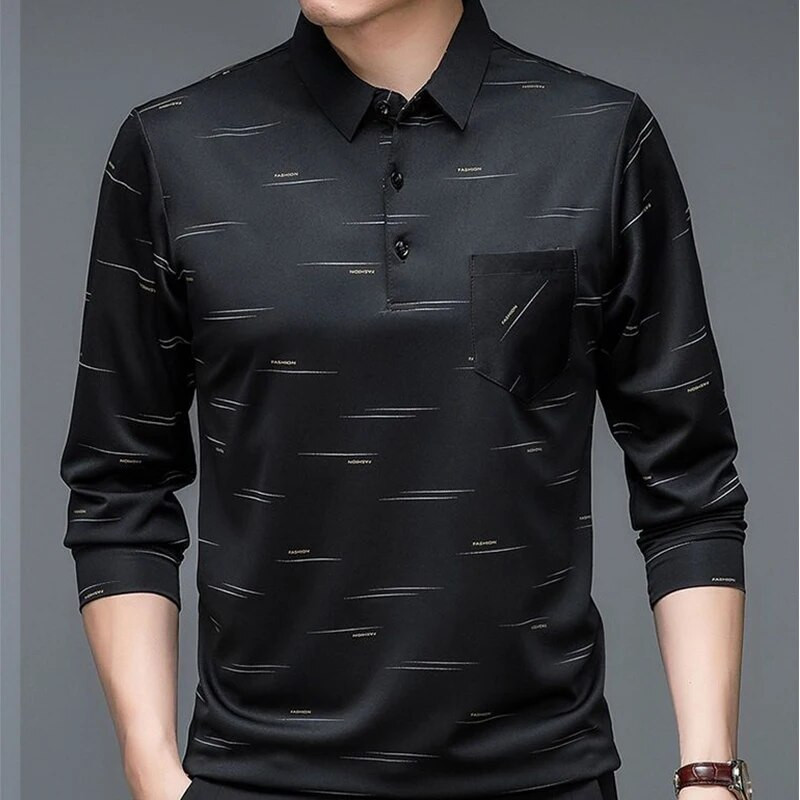 Tricou polo pentru bărbați cu mânecă lungă, imprimeu cu litere, tricouri de primăvară, toamnă, fund largi, ocazional, îmbrăcăminte de afaceri, topuri cu nasturi la modă