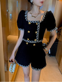 Dámske outfity, kórejský elegantný vintage tvídový dvojdielny set, krátky rukáv, tvídový skrátený top, šortky, módne dvojdielne nohavicové obleky