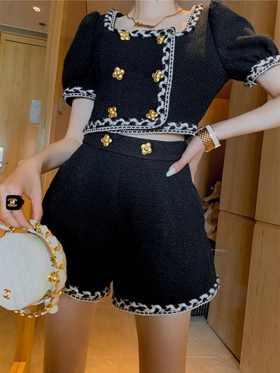 Dámske outfity, kórejský elegantný vintage tvídový dvojdielny set, krátky rukáv, tvídový skrátený top, šortky, módne dvojdielne nohavicové obleky