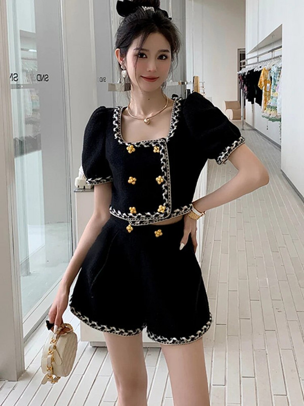 Dámske outfity, kórejský elegantný vintage tvídový dvojdielny set, krátky rukáv, tvídový skrátený top, šortky, módne dvojdielne nohavicové obleky