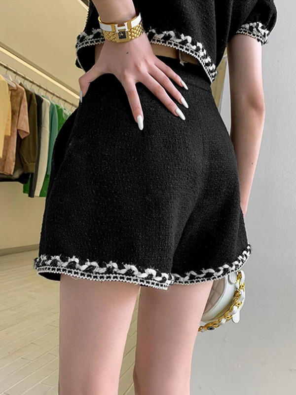 Dámske outfity, kórejský elegantný vintage tvídový dvojdielny set, krátky rukáv, tvídový skrátený top, šortky, módne dvojdielne nohavicové obleky