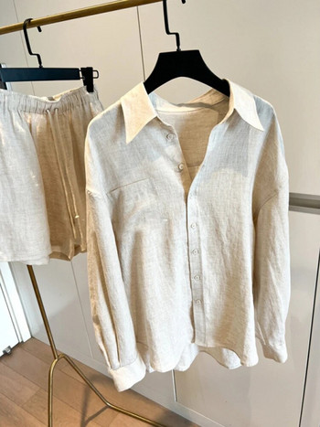 Комплекти от две части Дамско облекло Лято 2023 Блуза Комплекти ризи с копчета Ваканционни плажни модни ежедневни памучни къси къси костюми с шнурове