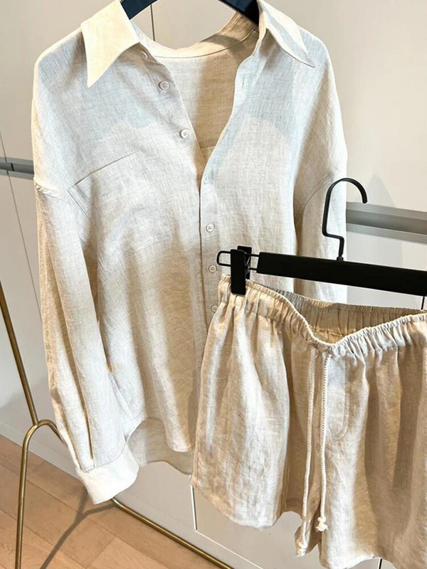 Dvojdielne súpravy Dámske oblečenie Leto 2023 Blúzka na gombíky Košeľa Súpravy Dovolenková Plážová Móda Ležérna Bavlnená Šortky So Šnúrkou Oblek