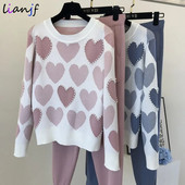 Pulover pentru femei la modă Seturi 2 piese Chic tricot Broderie Mărgele în formă de inimă Pulovere Top + Pantaloni Harem de primăvară Treninguri Sport Costum