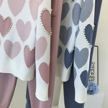 Моден дамски пуловер Комплекти от 2 части Шикозни плетени бродерии с мъниста Пуловери във формата на сърце Топ + Пролетни харем панталони Спортни анцузи Костюм