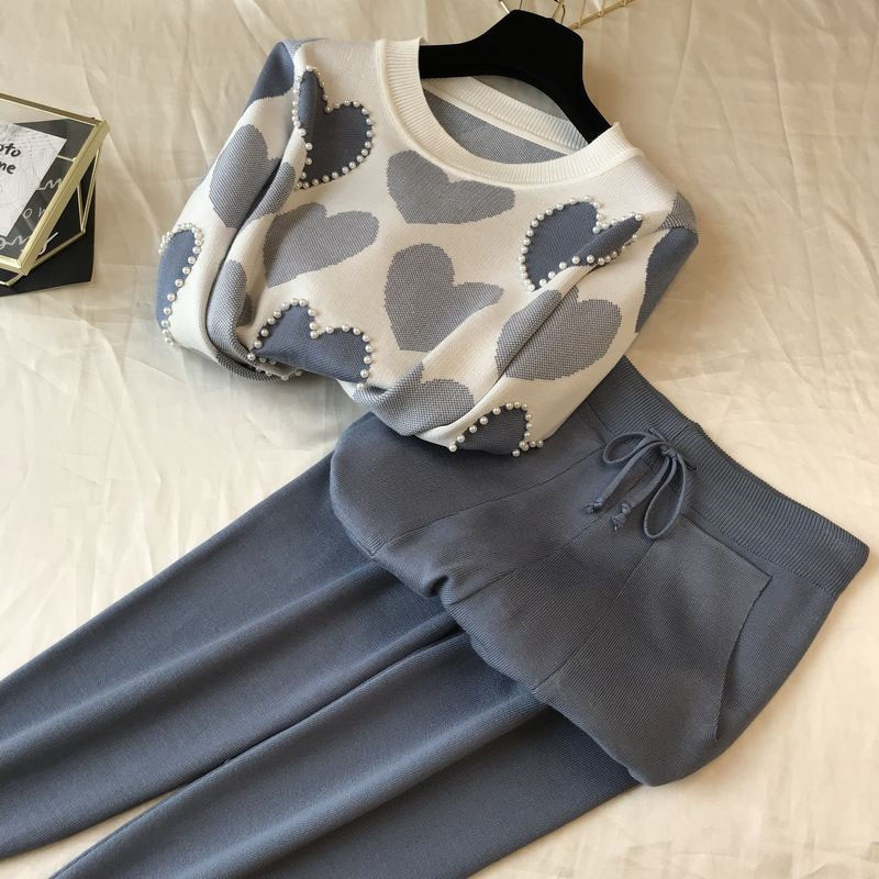 Pulover pentru femei la modă Seturi 2 piese Chic tricot Broderie Mărgele în formă de inimă Pulovere Top + Pantaloni Harem de primăvară Treninguri Sport Costum