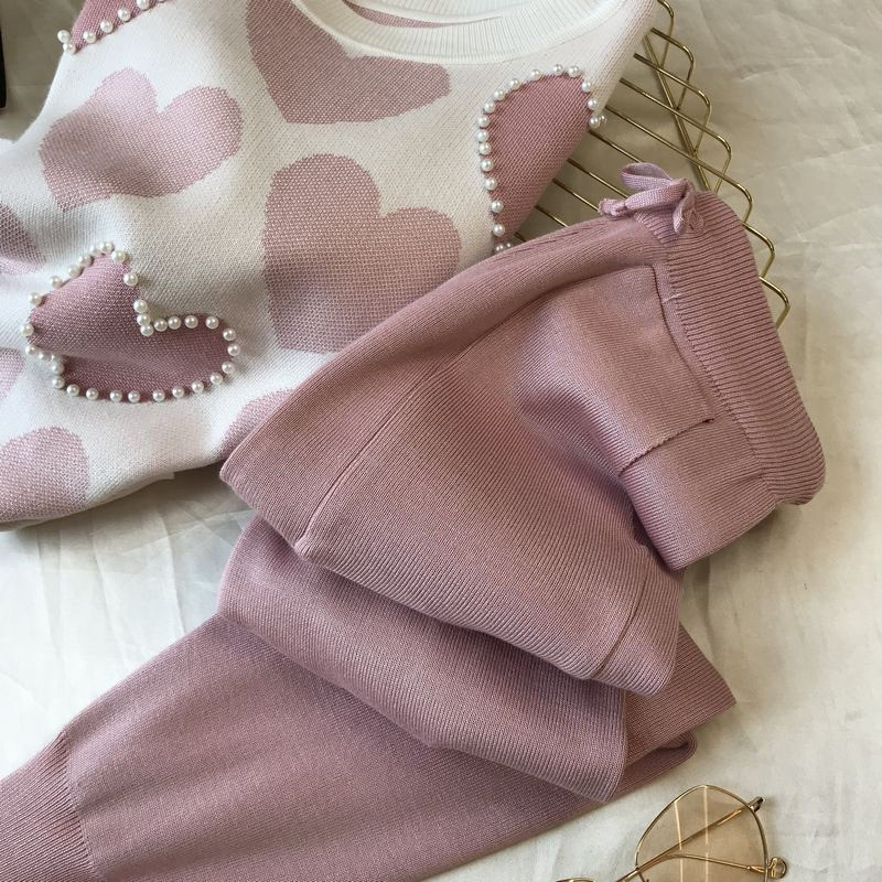 Pulover pentru femei la modă Seturi 2 piese Chic tricot Broderie Mărgele în formă de inimă Pulovere Top + Pantaloni Harem de primăvară Treninguri Sport Costum