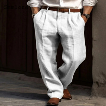 Samlona 2024 Мъжки ежедневни прави ленени панталони Едноцветен цвят каки Бели панталони с джоб със стойка Плюс размер Мъжки елегантни модни спортни панталони