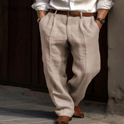 Samlona 2024 Ανδρικό καθημερινό ίσιο λινό παντελόνι Παντελόνι τσέπης με μονόχρωμο χακί λευκό βάσης Ανδρικό παντελόνι κομψή μόδας