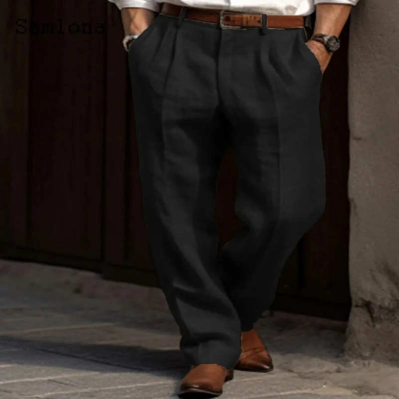 „Samlona“ 2024 m. vyriškos paprastos tiesios lininės kelnės. Vientisos chaki baltos kišeninės kelnės plius dydžio vyriškos elegantiškos madingos sportinės kelnės