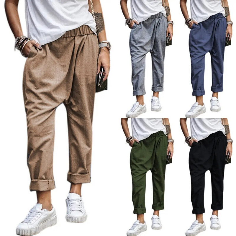 Moteriškos haremo kelnės, laisvos elastingos juosmens, kuprinės tarpkojo kelnės