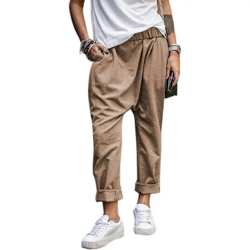 Moteriškos haremo kelnės, laisvos elastingos juosmens, kuprinės tarpkojo kelnės