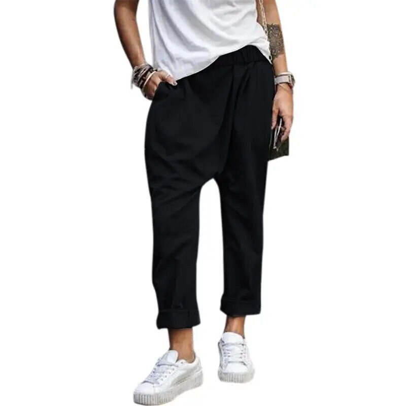 Moteriškos haremo kelnės, laisvos elastingos juosmens, kuprinės tarpkojo kelnės