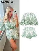 Zelené vyšívané krátke topy s krátkym rukávom, dámske letné nohavice s výstrihom do O-neck a volánikmi, stredne dlhé nohavice, dámsky oblek 2023, dvojdielny set