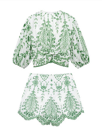 Комплекти къси панталони със зелена бродерия Дамски летни панталони с О-образно деколте и къси ръкави с волани Женски костюм 2023 Комплект от две части