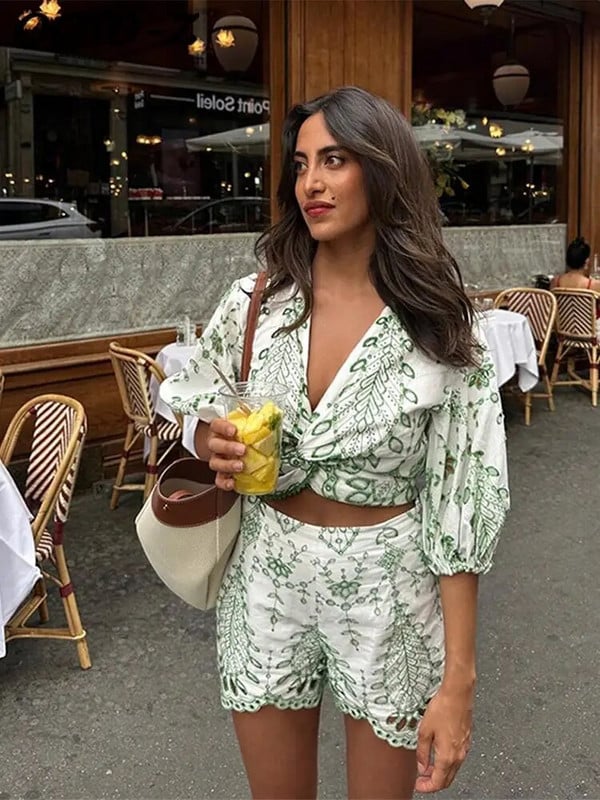 Zelené vyšívané krátke topy s krátkym rukávom, dámske letné nohavice s výstrihom do O-neck a volánikmi, stredne dlhé nohavice, dámsky oblek 2023, dvojdielny set