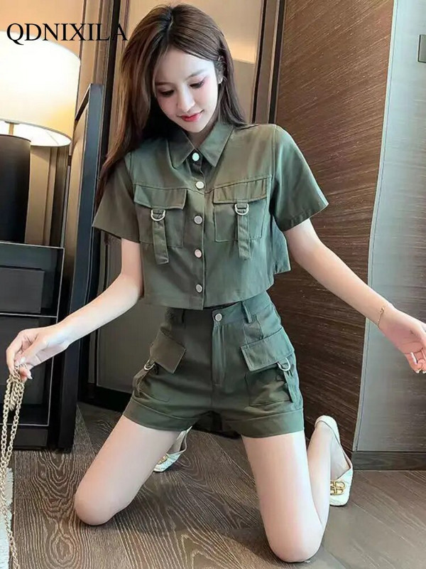 2023 m. Summer Cargo Moteriški trumpi komplektai Korėjietiško stiliaus mada Elegantiški Nauji derinami komplektai Kasdieniai 2 dalių komplektai Moteriško kostiumo apranga