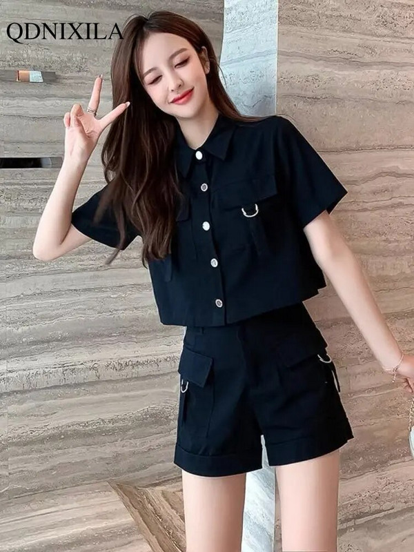 2023 m. Summer Cargo Moteriški trumpi komplektai Korėjietiško stiliaus mada Elegantiški Nauji derinami komplektai Kasdieniai 2 dalių komplektai Moteriško kostiumo apranga